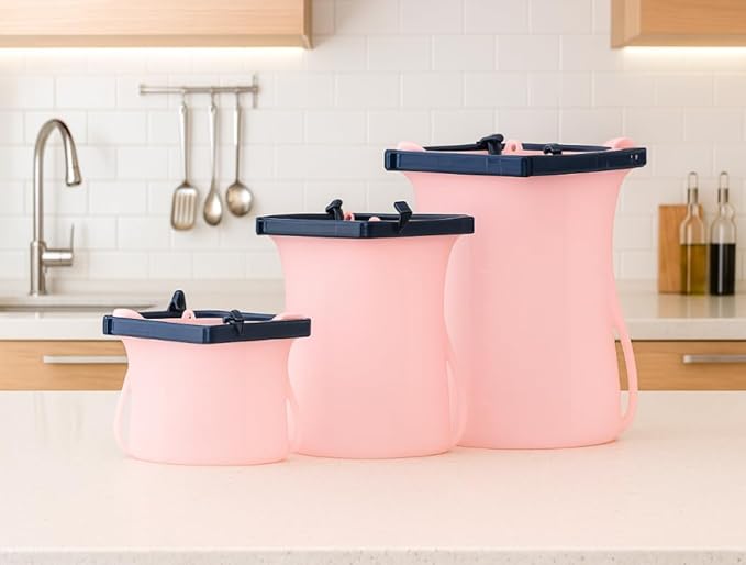 Reusable Silicone Stand-Up Food Storage Bags Set of 3 (33 Oz + 68 Oz + 101 Oz) Microwave Freezer Dishwasher Safe Bags (Pink Bundle (17oz + 33oz + 50oz), 17oz + 33oz + 50oz)