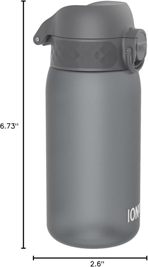 Ion8 Small Water Bottle, 350 ml/12 oz, Leak Proof, Easy to Open, Secure Lock, Dishwasher Safe, BPA Free, Carry Handle, Hygienic Flip Cover, Easy Clean, Odor Free, Carbon Neutral, Grey