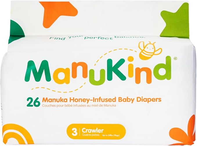 ManuKind Baby Diapers, Manuka Honey Infused, Ultra Soft, Plant-Based Materials, Quick-Dry Comfort, Leak Guard Protection, Size 3 – 26 Diapers