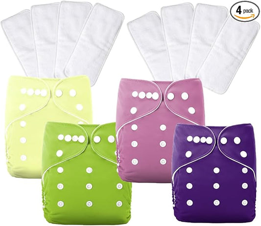 AIO Baby Cloth Diaper 4Pack with 8 Inserts Adjustable Waist Circumference Reusable for Baby Boys and Girls(0-3 Years),One Size Cloth Diaper Covers