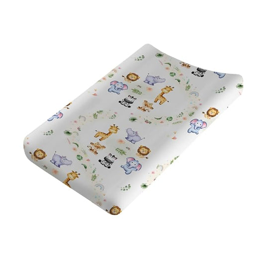 Changing Pad Cover Cute Jungle Safari Animals Tropical Leaves Flowers Changing Table Cover for Baby Boys Girls Ultra Soft Breathable Stretch Fitted Changing Table Sheets 32''x16''