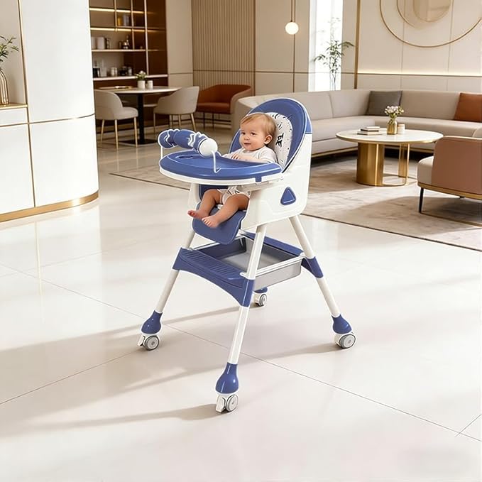 Portable Baby High Chair for Babies & Toddlers, Easy-Clean Multi-Use Feeding Chair with Lockable Wheels & Toy Storage Basket-Blue