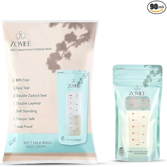 Zomee Breast Milk Storage Bags 8oz – Leakproof Double-Zip Seal, Self-Standing, Easy-Pour Design, Freezer Safe, Pre-Sterilized, BPA & Phthalate Free – Bulk Pack of 90