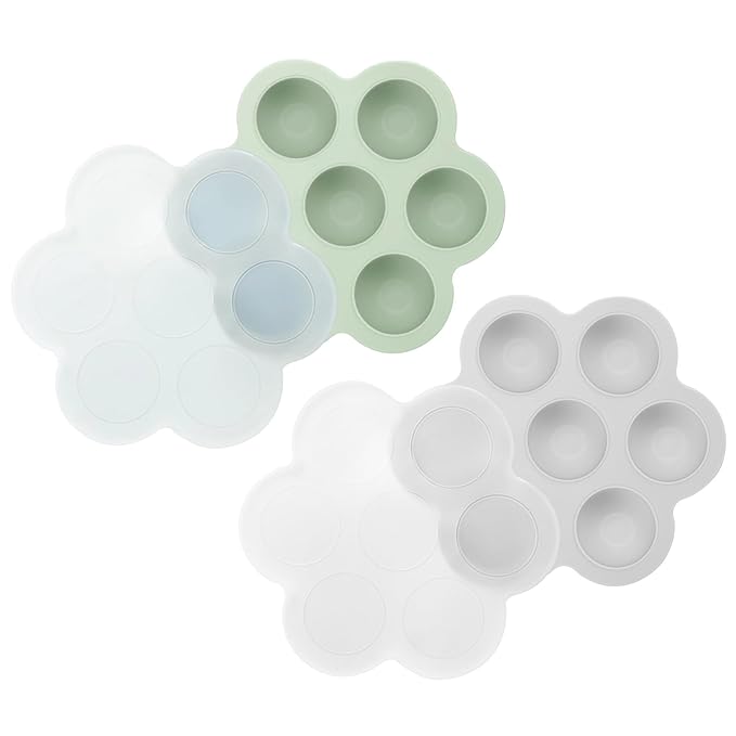 PandaEar 2 Pack Silicone Baby Food Freezer Trays with Lids - 7 Individual 1oz Portions per Tray - Reusable Storage Containers for Breast Milk, Homemade Purees & Fruit - BPA Free, Light Green/Gray