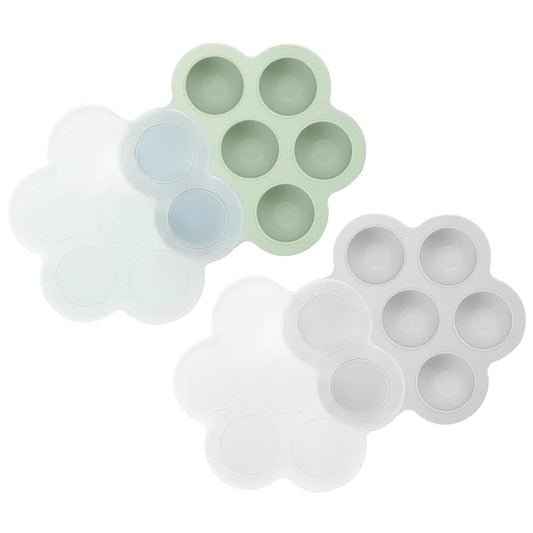 PandaEar 2 Pack Silicone Baby Food Freezer Trays with Lids - 7 Individual 1oz Portions per Tray - Reusable Storage Containers for Breast Milk, Homemade Purees & Fruit - BPA Free, Light Green/Gray