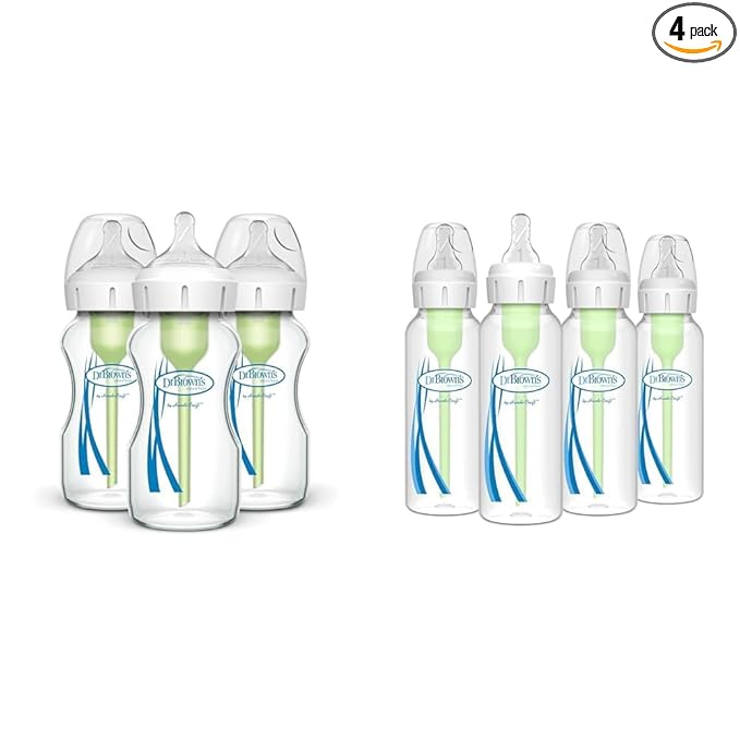 Dr. Brown's Natural Flow Anti-Colic Options+ Wide-Neck Glass Baby Bottles 9 oz/270 mL & Natural Flow® Anti-Colic Options+™ Narrow Baby Bottles 8 oz/250 mL, with Level 1 Slow Flow Nipple, 4 Pack, 0m+