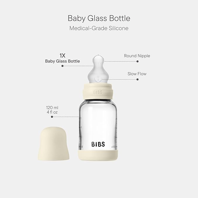 BIBS Baby Glass Bottle. 4 US fl oz / 120 ml. Anti-Colic. Vented Round Silicone Nipple. Supports Natural Breastfeeding, Slow Flow, Complete Set - Ivory