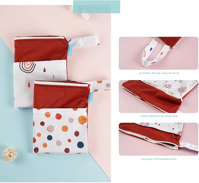 2 pcs/set Wet Dry Bags for Baby Cloth Diapers - Reusable, Washable for Stroller, Diapers, Toiletries, Travel Bags, Beach, Pool, Gym Bag with Two Zippered Pockets 11.8 * 15.7 inch (Orange Rainbow)