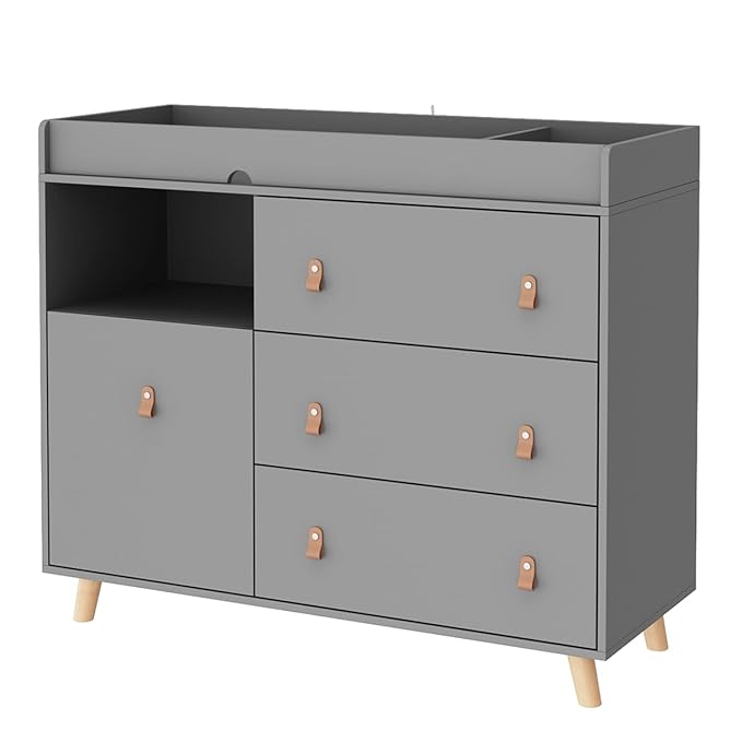 Timechee Baby Dresser Changing Table with Drawers,Shelf,Hidden Laundry Basket Storage,2 in 1 Nursery Dresser Chest for Infants, Baby Diaper Changing Station for Daycare,Bedroom,Grey