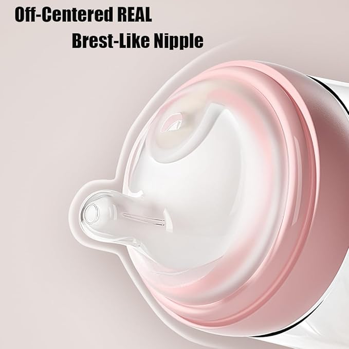 Oberni Baby Bottles with Slow Off-Centered Nipple for 0+ Months, Anti Colic Newborn Milk Feeding Bottle, 150ml/5oz/Pink/2Pack