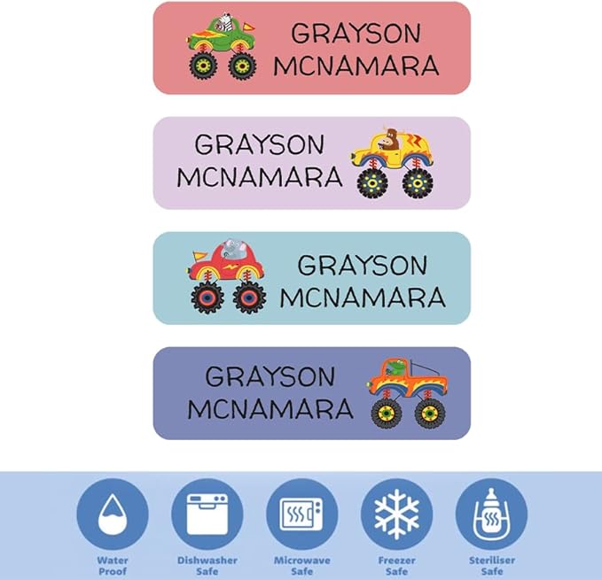 128 Monster Trucks Custom Kid Name Label for Daycare, Waterproof Dishwasher Safe, Personalized Name Sticker for Camp, School Supply, Baby Bottle, Lunch Boxes, Water Bottle, Cups(Pattern 3)