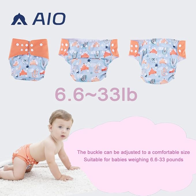 AIO Baby Cloth Diaper 4Pack with 8 Inserts Adjustable Waist Circumference Reusable for Baby Boys and Girls(0-3 Years),One Size Cloth Diaper Covers