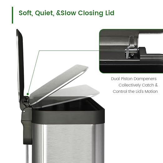13 Gallon Trash Can, Large Kitchen Garbage Can with Lid, Stainless Steel Trash Bin Liner Free, Step Peal Garbage Bin, Metal Trash Can with Soft Closed&Stay Open Lid, 50 Liter, Silver