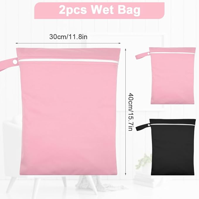 2PCS Wet Bags, Reusable Cloth Diaper Bags with Handle and Zipper, Lightweight Waterproof Travel Laundry Bag, Washable Wet Dry Bag for Baby Items Travel Beach Swimming Gym Camping(Black&Pink)