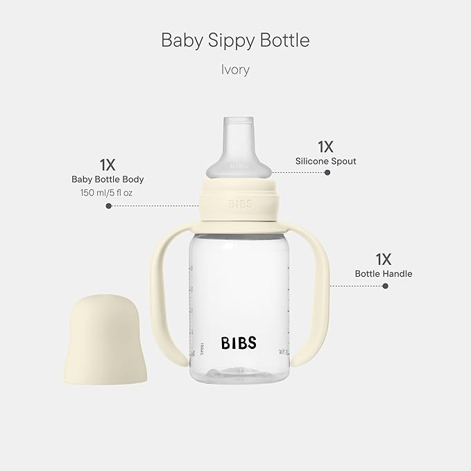 BIBS Sippy Bottle 150 ml – Leak-Proof Toddler Cup with Easy-Grab Handles & Soft Silicone Spout – BPA-Free Baby Training Cup - Ivory
