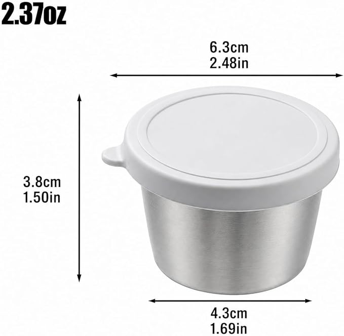 PandaEar 6 Pack 2.4 oz Stainless Steel Condiment Containers with Leakproof Silicone Lids, Reusable Small Sauce Cups for Salad Dressing, Lunch Box, Travel & Meal Prep, Dishwasher & Freezer Safe