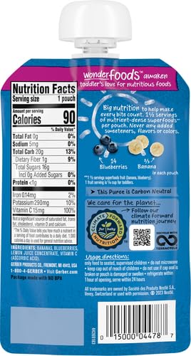 Gerber Stage 2 Baby Food, Banana Blueberry Puree Pouch, 2 Servings of Fruit, No Added Sweetener, No Artificial Colors or Flavors (Pack of 3)