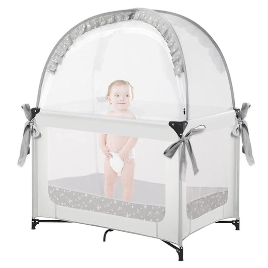 L RUNNZER Pack and Play Tent, Crib Tent to Stop Baby from Climbing Out, Baby Safety Tent Cover for Pack N Play, Mini Cribs & Playpen, Pop Up Crib Net Against Falls (39.6" L x 27.6" W x 49.2" H)
