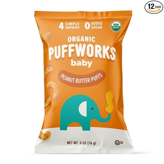 Puffworks Baby Organic Peanut Butter Puffs, Perfect for Early Peanut Introduction, Plant-Based Protein, No Added Sugar, USDA Organic, Gluten-Free, Vegan, Non-GMO, Kosher, 0.5 Ounce (Pack of 12)