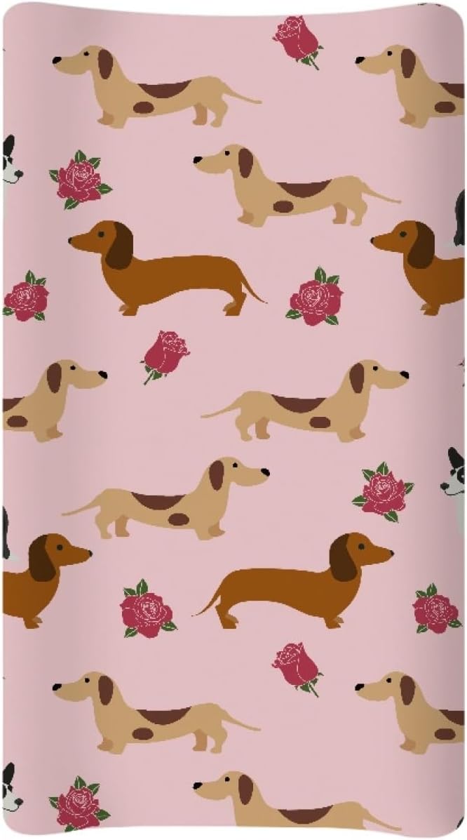 GOSTONG Diaper Changing Pad Cover Dachshund Dog Rose Flower Softness Washable Elastic Baby Nursery Diaper Changing Pad Protectors Fits 32 x 16 Inch Diaper Table