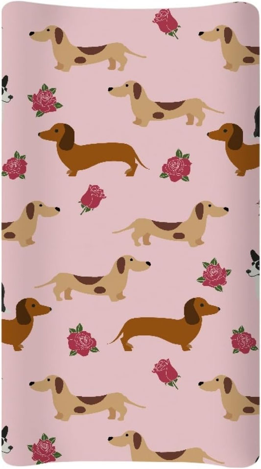 GOSTONG Diaper Changing Pad Cover Dachshund Dog Rose Flower Softness Washable Elastic Baby Nursery Diaper Changing Pad Protectors Fits 32 x 16 Inch Diaper Table