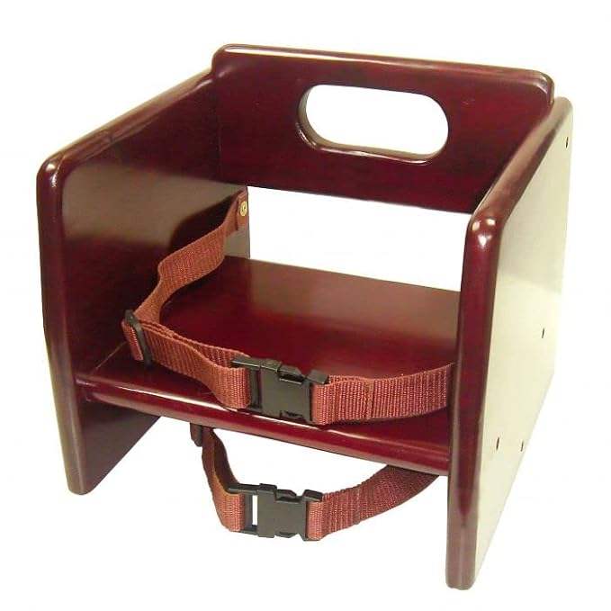TrueCraftware – 17" Children Booster Seat, Mahogany Wood Finished Rubber Wood with Harness Straps Seat Back Support Maximum Knock-Down Package, Stackable Booster Seat for Dining Table