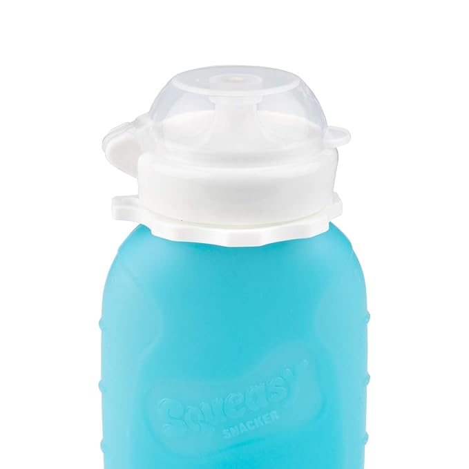 Blue 6 oz Squeasy Snacker Spill Proof Silicone Reusable Pouch - For Soft Foods & Liquids - Water, Apple Sauce, Yogurt, Smoothies, Baby Food - Dishwasher Safe