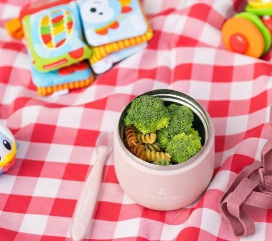 Primo Passi Insulated Food Jar for Kids & Babies – 12 oz /350 ml Stainless Steel Thermal Food Container with Easy-Open Lid & Silicone Carry Strap – Keeps Food Hot or Cold for Up to 8 Hours, Light Pink