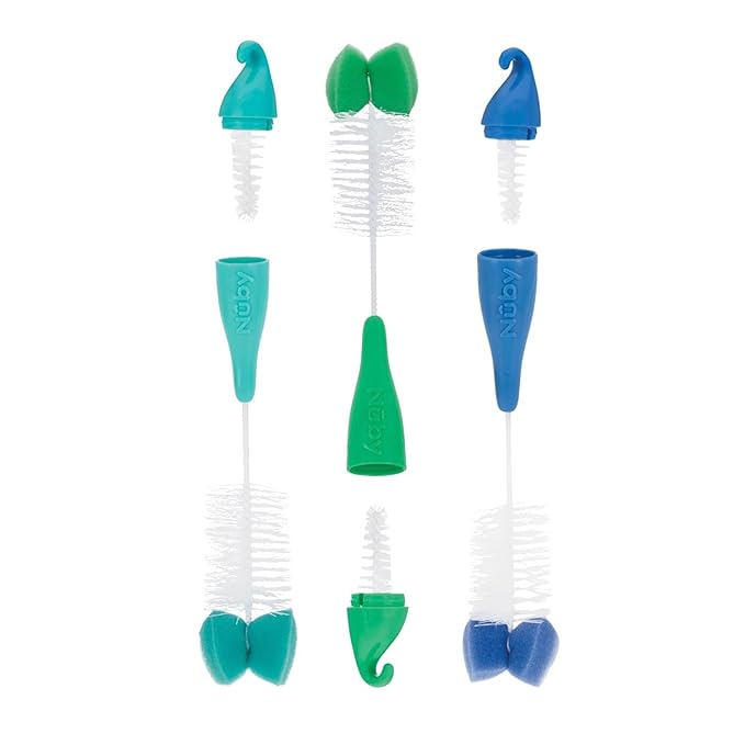 Nuby Bottle and Nipple Brush with Bristles and Sponge Tip | 3 Pack: Aqua, Blue, Lime or Aqua, Coral, Lime | Hanging Handle with Hook for Drying