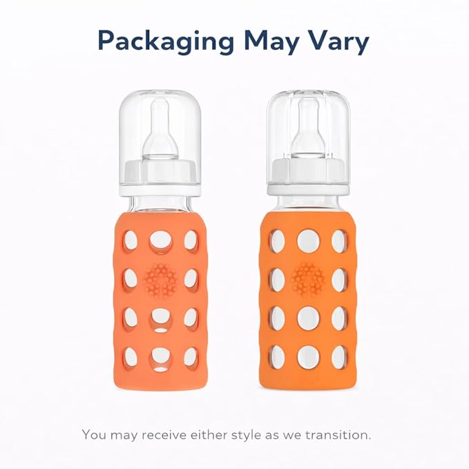 Lifefactory 9-Ounce BPA-Free Glass Baby Bottle with Protective Silicone Sleeve and Stage 2 Nipple, Papaya