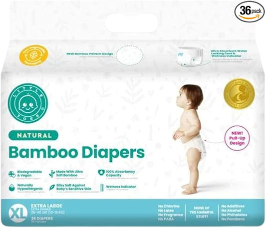 Little Toes Natural Bamboo Disposable Baby Diapers - Hypoallergenic, Sensitive Skin Safe, Patented Viscose, Day & Overnight 100% Absorbency and Leak Protection, Eco Friendly (Size 5 X-Large 36 Count)