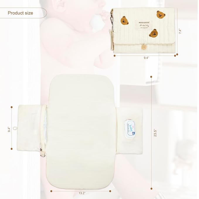 Portable Diaper Changing Pad, with, for Newborn Girl & Boy with Smart Wipes Pocket, Easy-Clean, Waterproof, Soft, Comfortable Foldable Baby Changing Pad (Bear)