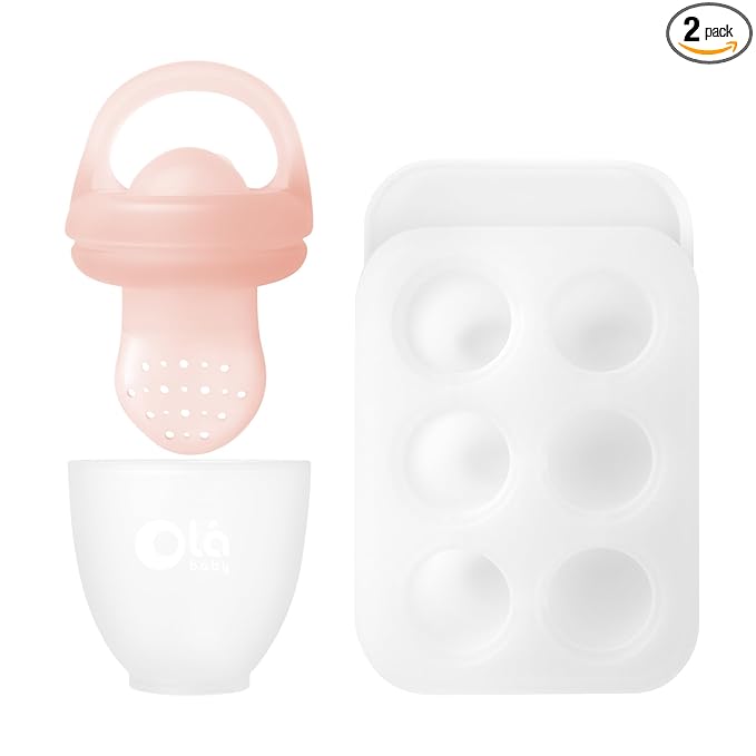 Olababy Silicone Food Feeder & Popsicle Set for Solid Food Introduction | Cooling Relief BPA Free Freezer Tray Combo for Fruit, Frozen Breastmilk, Puree, Smoothies for Infants, Babies