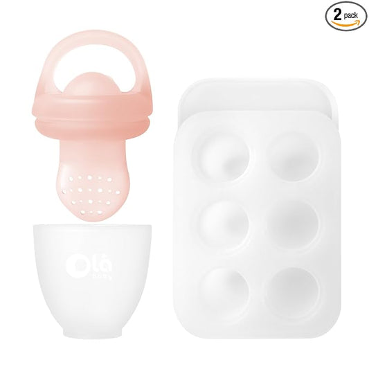 Olababy Silicone Food Feeder & Popsicle Set for Solid Food Introduction | Cooling Relief BPA Free Freezer Tray Combo for Fruit, Frozen Breastmilk, Puree, Smoothies for Infants, Babies
