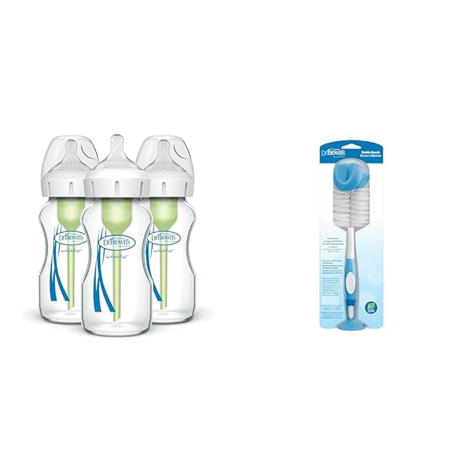 Dr. Brown's Natural Flow Anti-Colic Options+ Wide-Neck Glass Baby Bottles 9 oz/270 mL & Reusable Sponge Baby Bottle Cleaning Brush with Suction Cup Stand, Scrubber and Nipple Cleaner, Blue 1-Pack