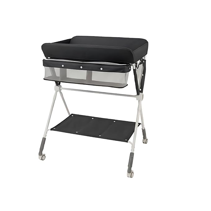 HONEY JOY Changing Table, Folding Mobile Nursery Organizer w/Wheels, Adjustable Height, Storage Bag & Open Shelf, Portable Diaper Changing Station for Newborn Infant (Black, 32"x26"x39.5")