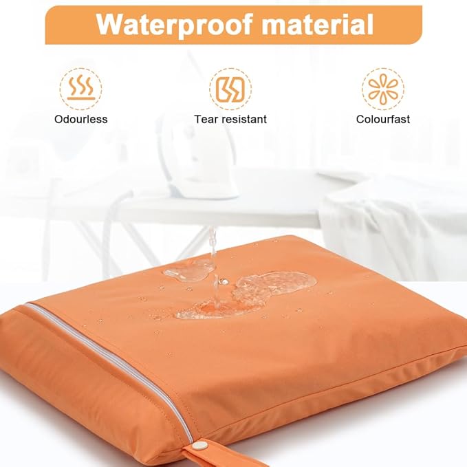 2PCS Wet Bags, Reusable Cloth Diaper Bags with Handle and Zipper, Lightweight Waterproof Travel Laundry Bag, Washable Wet Dry Bag for Baby Items Travel Beach Swimming Gym Camping(Green&Orange)