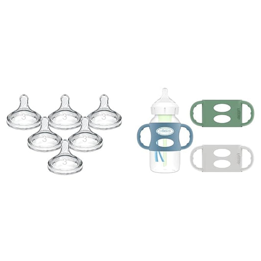 Dr. Brown's Natural Flow Level 3 Wide-Neck Baby Bottle Silicone Nipple & Milestones™ 100% Silicone Baby Bottle Handles, Wide-Neck, Light Blue, Green, Gray, 3 Pack, 4m+