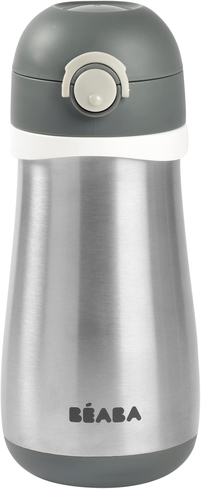 BEABA Kids Stainless Steel Insulated Water Bottle, Kids Water Bottle, Toddler Thermos with Spill Proof Spout and Close Top, Perfect for Travel, (Charcoal)