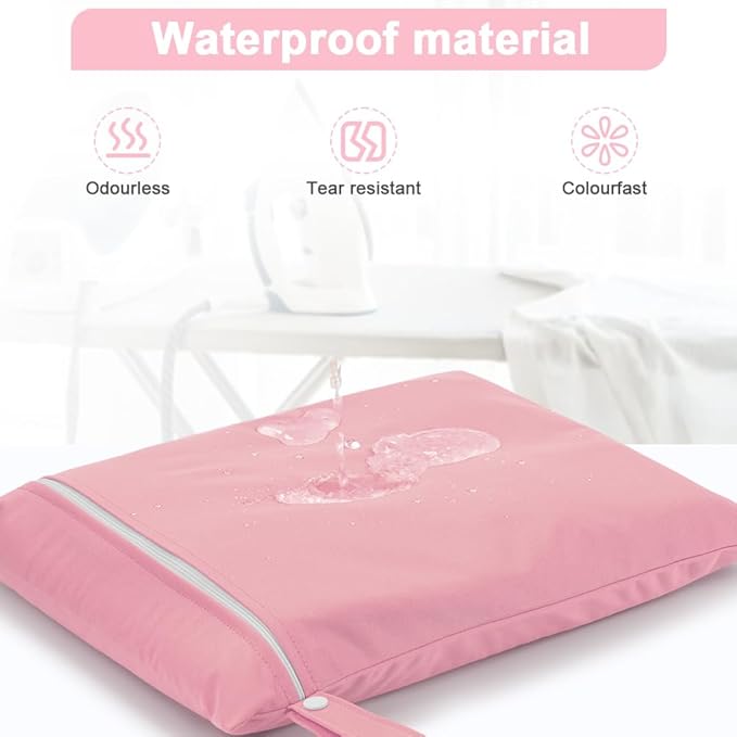 2PCS Wet Bags, Reusable Cloth Diaper Bags with Handle and Zipper, Lightweight Waterproof Travel Laundry Bag, Washable Wet Dry Bag for Baby Items Travel Beach Swimming Gym Camping(Black&Pink)