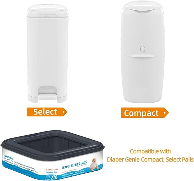 6 Packs-Standard Square Refills Disposal Bags Refill Compatible with Diaper Genie Classic, Compact and Select Pails, Hold Up to 270 Newborn-Sized Diapers Per Refill