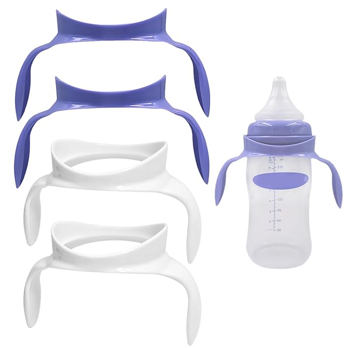 Baby Bottle Handles Compatible with Lansinoh Baby Bottles, Ergonomic Bottle Holder for Newborn, 4 Pack (White & Purple)