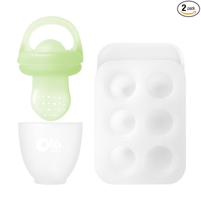 Olababy Silicone Food Feeder & Popsicle Set for Solid Food Introduction | Cooling Relief BPA Free Freezer Tray Combo for Fruit, Frozen Breastmilk, Puree, Smoothies for Infants, Babies