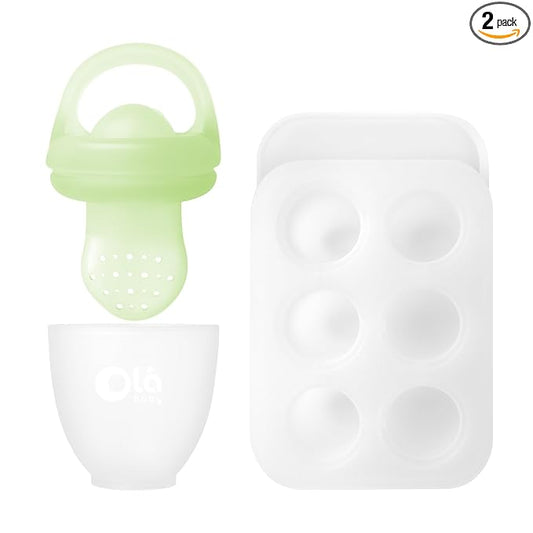 Olababy Silicone Food Feeder & Popsicle Set for Solid Food Introduction | Cooling Relief BPA Free Freezer Tray Combo for Fruit, Frozen Breastmilk, Puree, Smoothies for Infants, Babies