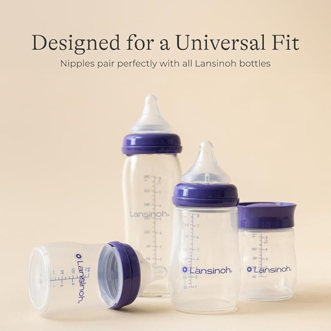 Lansinoh Anti-Colic Baby Bottles for Breastfeeding Babies,8 Ounces,Includes Medium Flow Nipples,Size M,(Pack of 12)