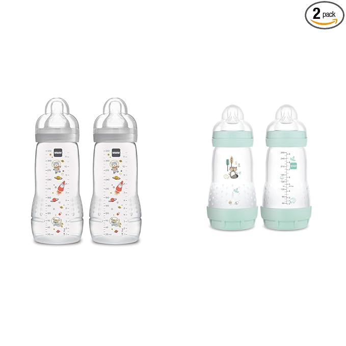 MAM Easy Active 11 oz & Matte Easy Start 9 oz Anti-Colic Baby Bottles, Fast & Medium Flow Nipples (2-Count)