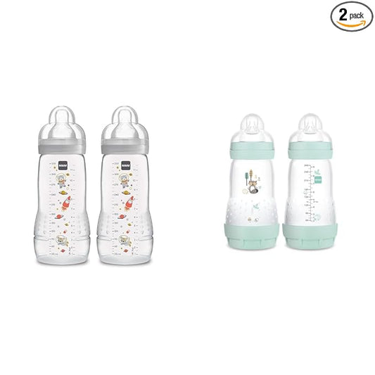MAM Easy Active 11 oz & Matte Easy Start 9 oz Anti-Colic Baby Bottles, Fast & Medium Flow Nipples (2-Count)