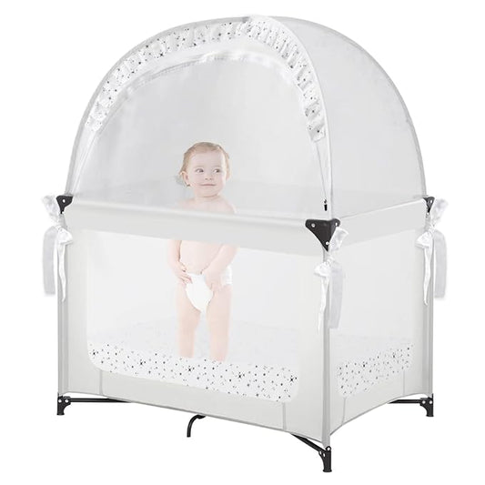 L RUNNZER Baby Pack N Play Tent, Pack and Play Canopy to Keep Baby in, Portable Crib Net for Playards, Mini Crib Tent with See Through Mesh, Easy Installation and Transportation White+stars