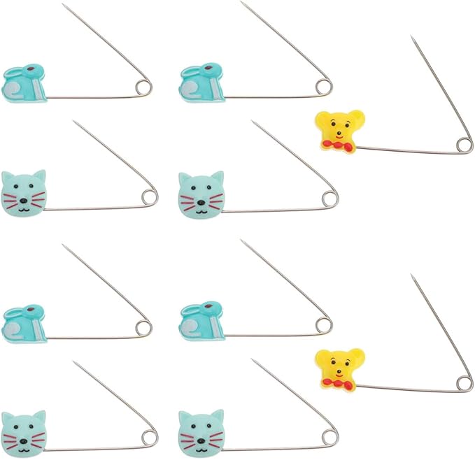 PATKAW Cartoon Baby Safety Diaper Pins with Locking Clasp Cute Brooch Pin for Cloth Diapers and Baby Clothes Fastening Small U-Shaped 2-Inch Pins 10-Pack