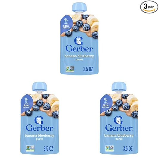 Gerber Stage 2 Baby Food, Banana Blueberry Puree Pouch, 2 Servings of Fruit, No Added Sweetener, No Artificial Colors or Flavors (Pack of 3)
